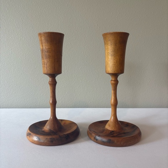 VINTAGE Handcrafted Wood Candlestick Holders Excellent Vintage Condition MCM - Picture 1 of 6